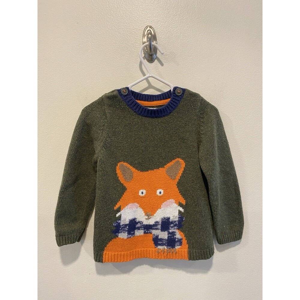 Baby Boden 18-24 Month Green Sweater Cashmere Blend Orange Fox Mini Boden